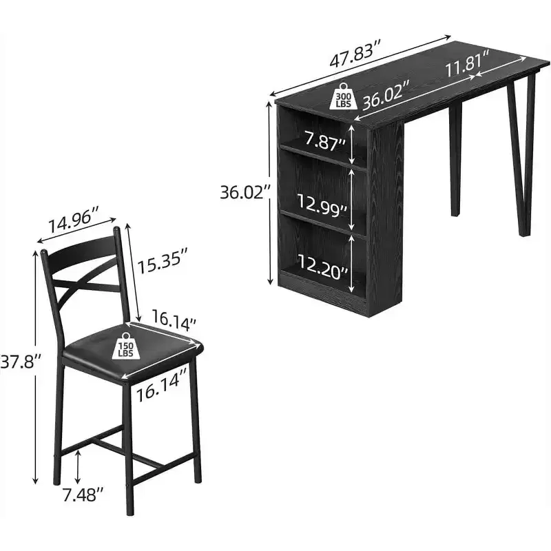 3 Piece Bar Table Set for 2, Bar Table and Chairs Set with with Flip Top Extension, Dining Table Set with Storage Shelves