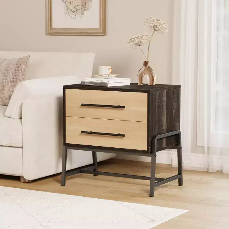 Nightstand,Mid Century Modern Bedside Table with 2 Storage Drawers, Light Wood & Metal Legs Side Table for Bedroom, Living Room, Dark Brown