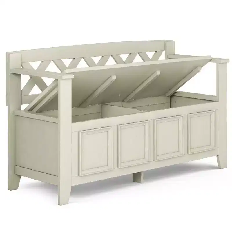 WyndenHall 48" Halifax Transitional Entryway Storage Bench Antique White: Solid Wood, Dual Compartment, 300 lbs Capacity