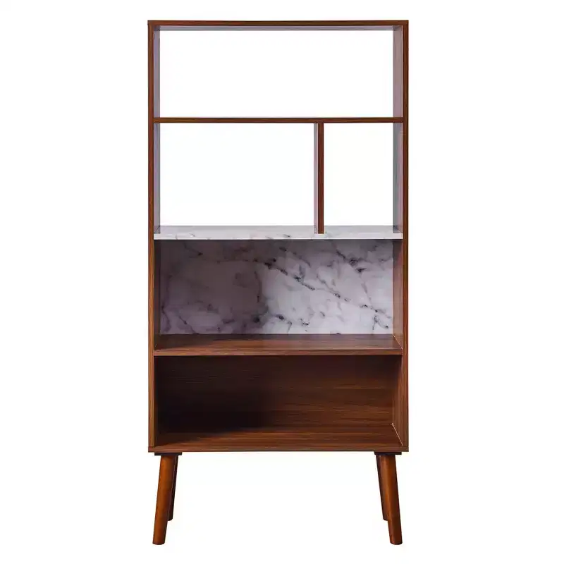 58" Bookshelf with Faux Marble Top Solid Wood Leg Walnut: Mid-Century Storage, 4 Open Shelves