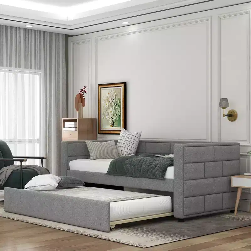 Twin Size Daybed with Trundle Bed and Padded Back, Gray