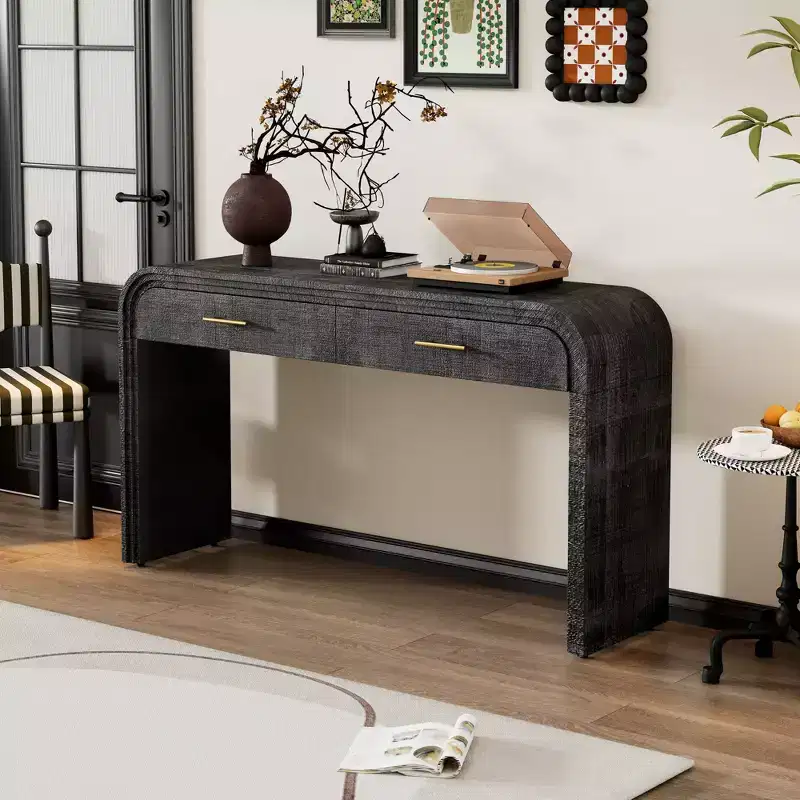 Curved Console Table with 2 Drawers for Entryway, Wood Minimalist Entryway Table with Storage for Living Room