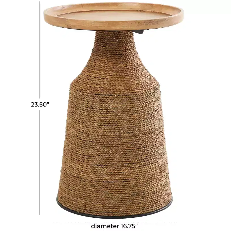 Olivia & May Dried Plant Handmade Wrapped Accent Table with Wood Tabletop Brown: Bohemian Pine Frame, No Assembly Required