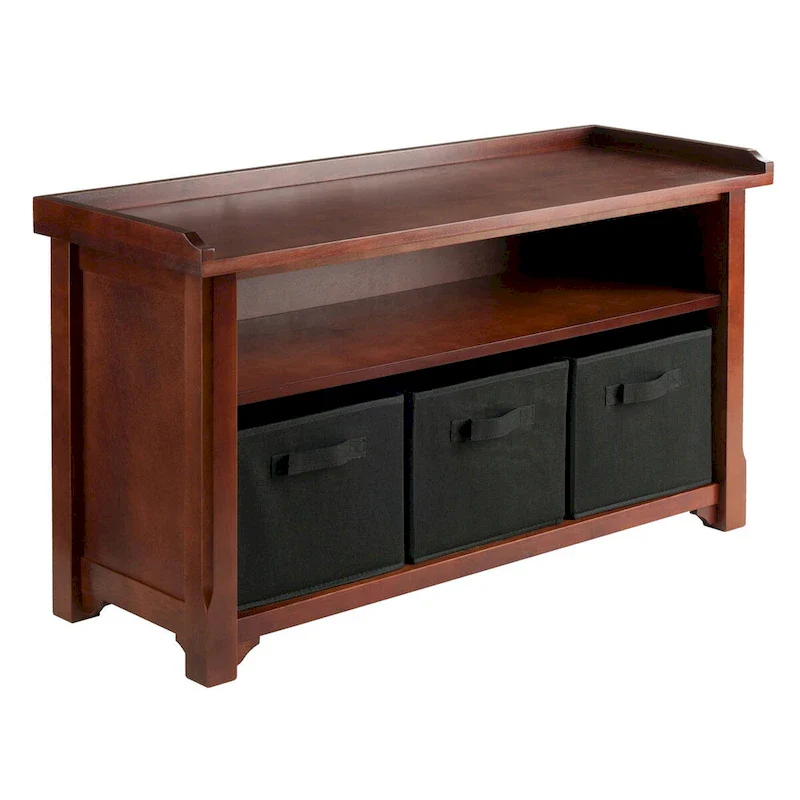 Walnut & Black Storage Bench with 3 Foldable Baskets, Seats 1