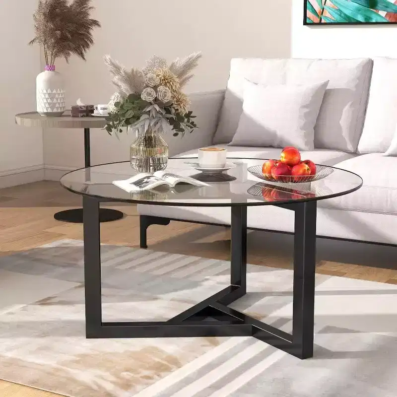 Modern Cocktail Table Round Glass Coffee Table, Base & Tempered Glass Top for Living Room,