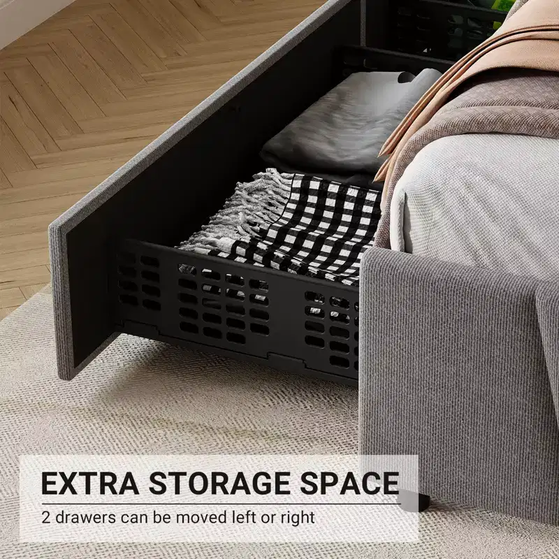 Versatile Upholstered Platform Bed Frame, Adjustable Headboard, Wooden Slats Support, No Box Spring Needed, Integrated Storage Drawers