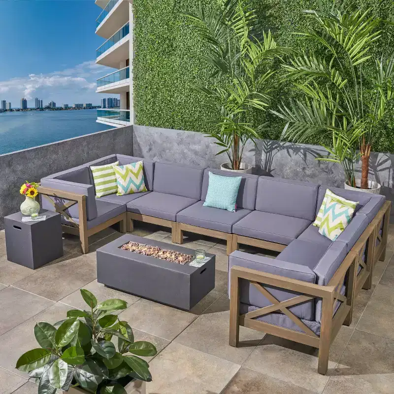 Christopher Knight Home Brava Outdoor Acacia Wood 8 Seater Sectional Sofa Set with Fire Pit