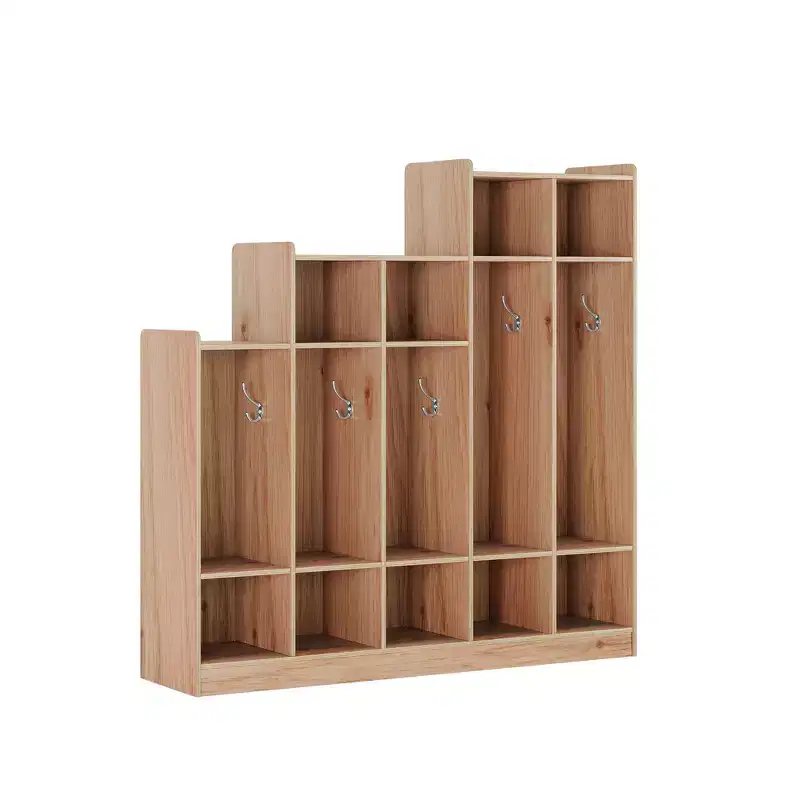 5-Section Classroom Coat Locker with 9 Cubbies & 10 Hooks, Daycare Storage Organizer for Kids, Nursery, Kindergarten, Home, Natural Wood