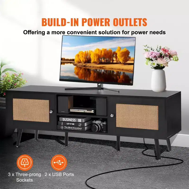 Rattan TV Stand for 65 in TV with Power Outlet USB Ports Adjustable Shelf Black