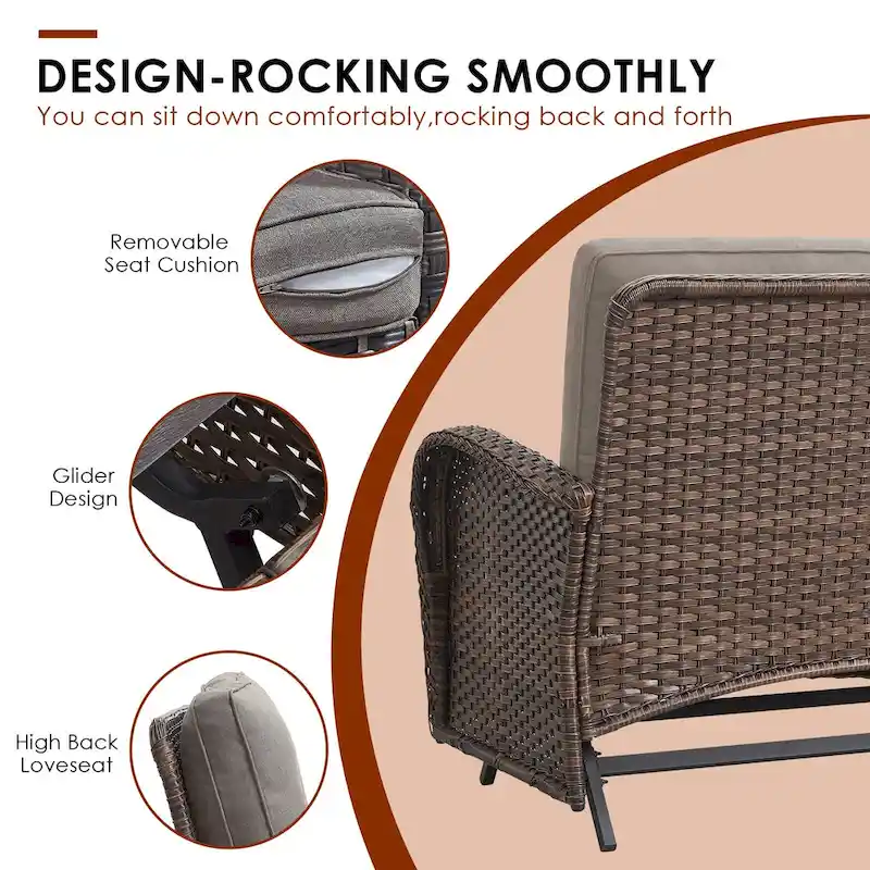 Patio Glider Sofa and Swivel Chair with Ottoman - Brown
