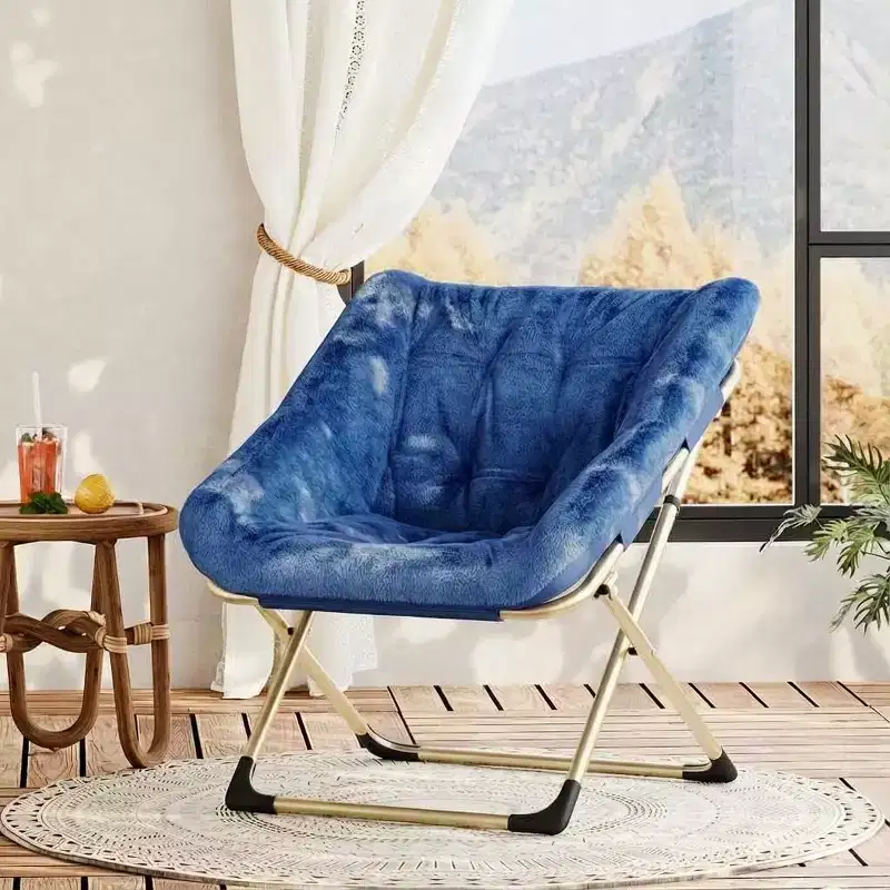 Collapsible Saucer Chair for Adults  Comfy Faux Rabbit Fur, Sturdy Gold Metal Frame  No Assembly, Ideal for Bedroom, Living Room, Dorm & Apartment