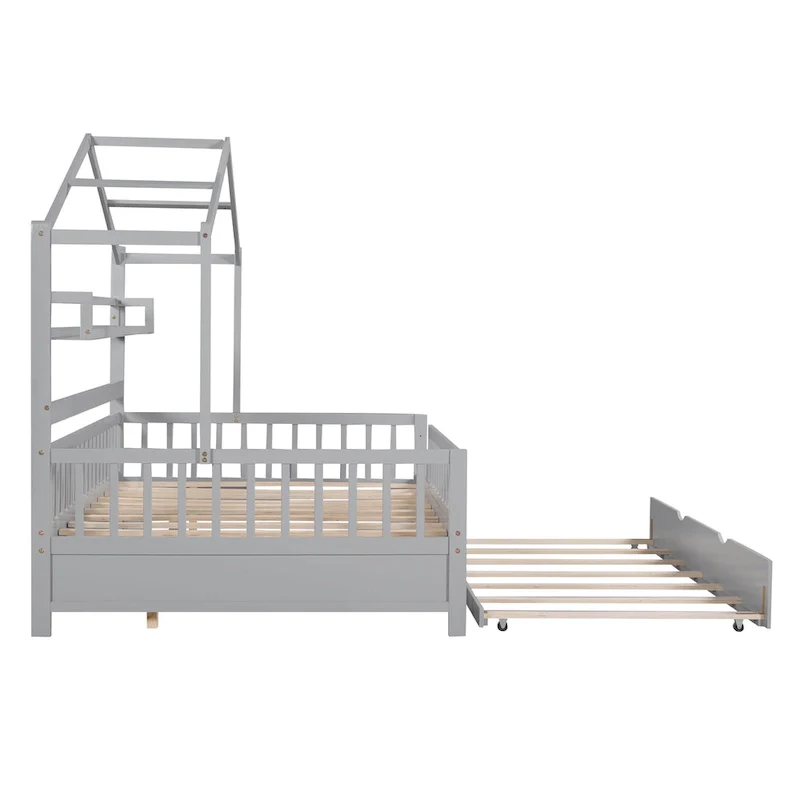 Full Size Grey Wood House-shaped Canopy Bed with Twin Trundle