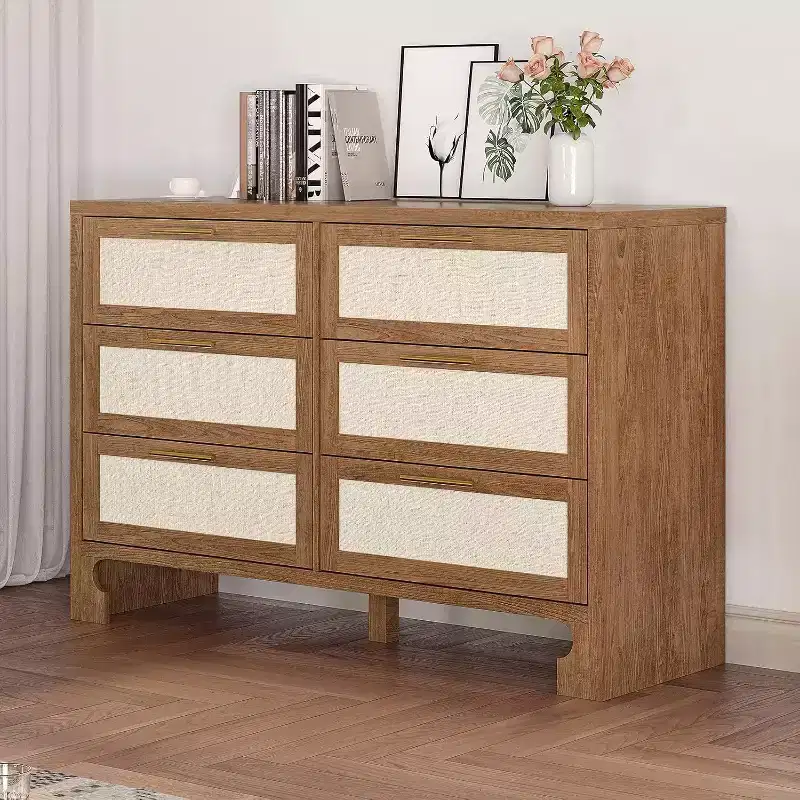 Natural Burlap & Wood 6-Drawer Dresser, Single, Mid-Century Style