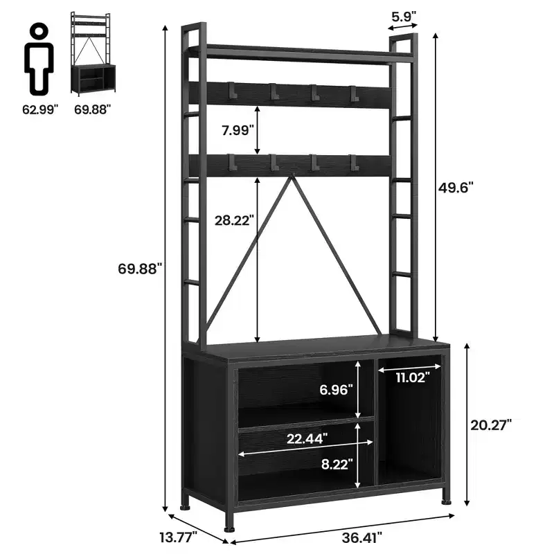 Black / Gray 5-in-1 Industrial Hall Tree with Bench, Hooks & Shoe Cubbies