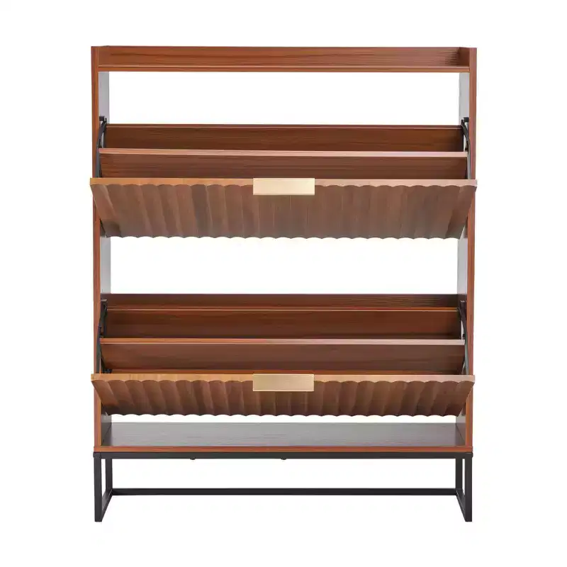 Mid-Century Shoe Cabinet with 2 Flip Drawers Fluted Design Anti-Tip Narrow Entryway Walnut