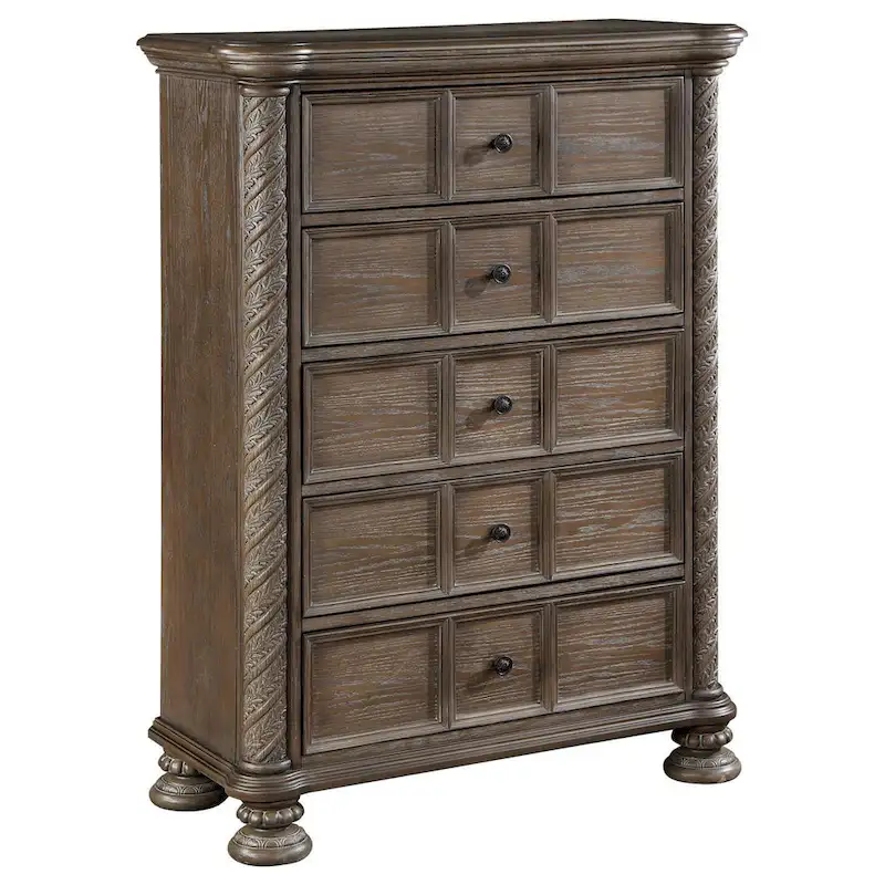 39 Inch Tall Dresser Chest, 5 Drawers and Bun Feet, Oak Brown Wood