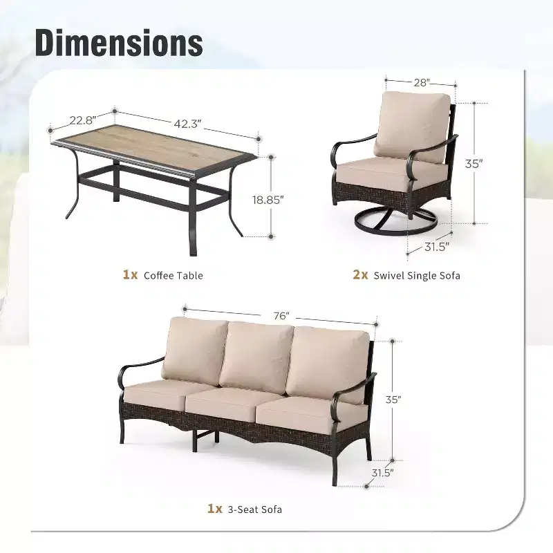 Captiva Designs 4pc Extra Large Metal and Rattan Outdoor Patio Conversation Set with Swivel Single Sofas