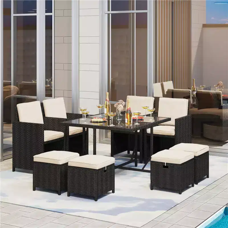 Yaheetech 9-Piece Patio Dining Sets Outdoor Sectional Conversation Set Black/Beige Black