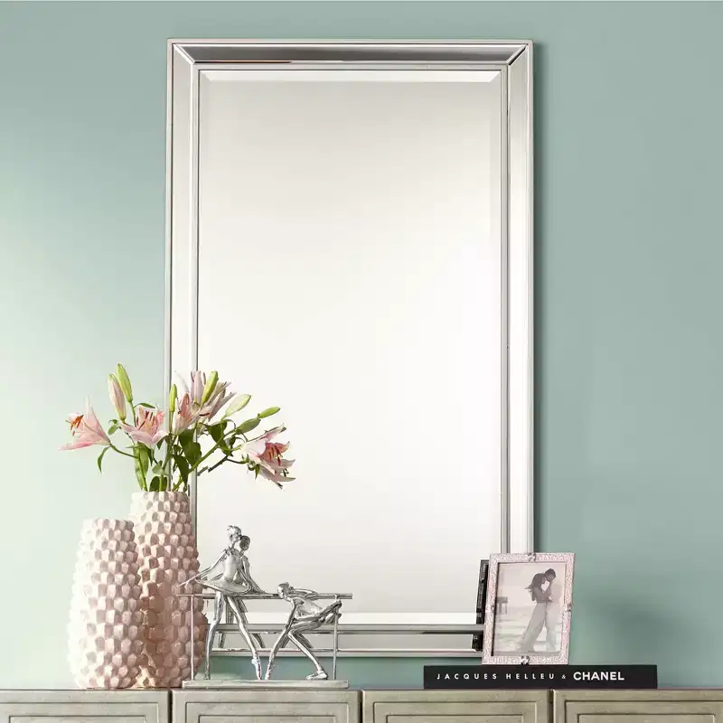 Helena Rectangular Vanity Accent Wall Mirror Modern Beveled Silver Frame 25 Wide for Bathroom Bedroom Living Room Home Office Entryway
