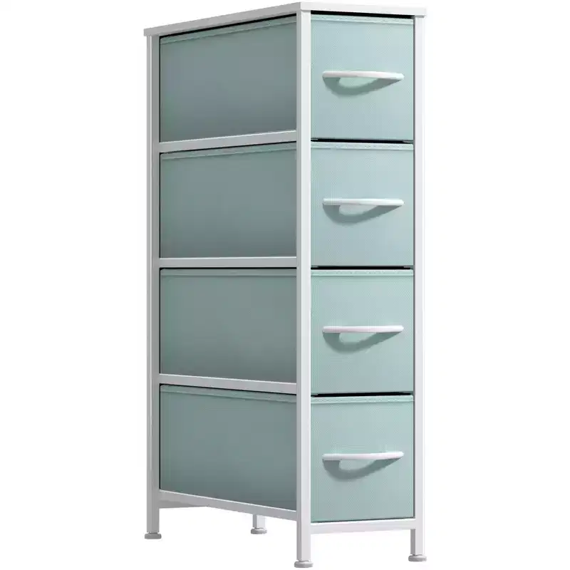 4 Drawers Narrow Dresser - with Steel Frame, Wood Top & Easy Pull Fabric Bins for Small Spaces, Closets, Bedroom, Bathroom & Laundry