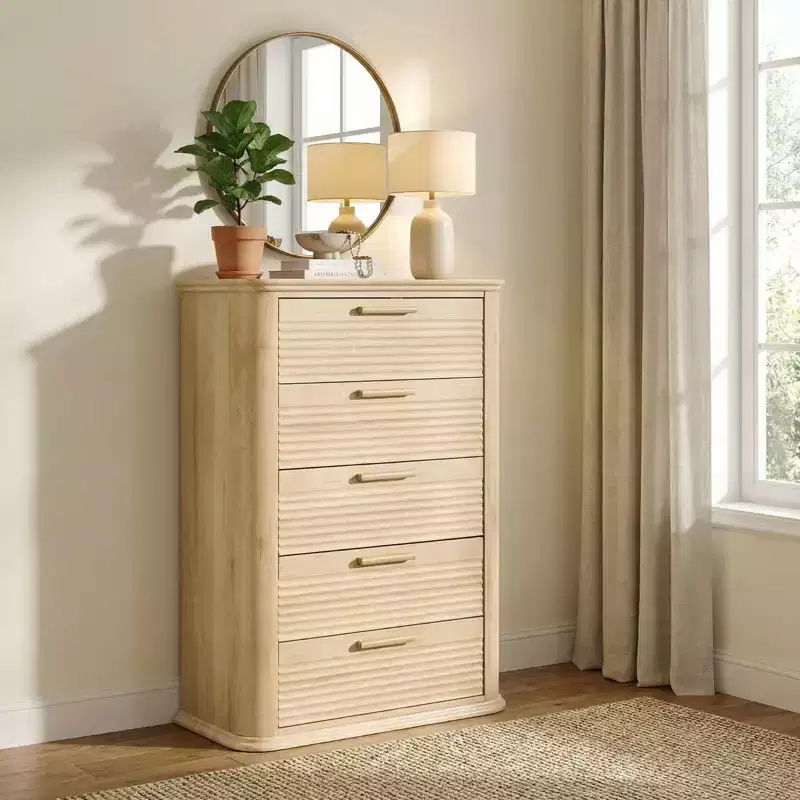 5 Drawers Dresser for Bedroom, 45 Tall Dresser with Curved Profile Design, Wood Fluted Chest of Drawer, Modern Drawer Storage Organizer for Bedroom
