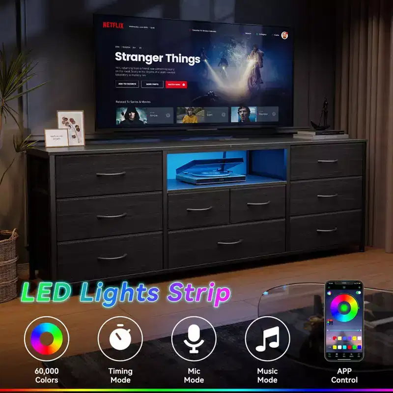 9 Drawer Wide Dresser for Bedroom 63 Inch Black Fabric Storage Chest with LED Lights and Power Outlets fits 75 Inch TV Media Console Organizer Cabinet