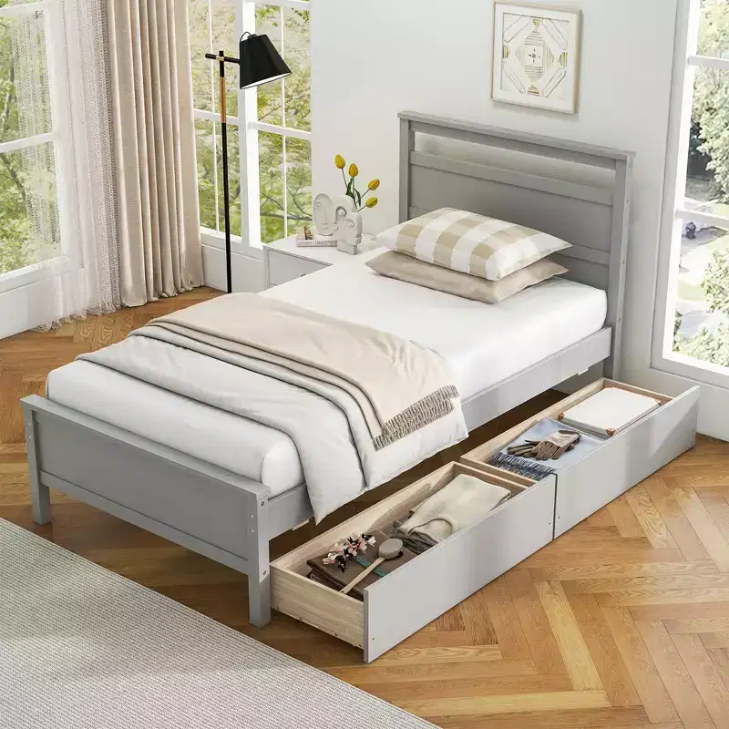 Costway Twin Size Platform Bed w/ Drawers 2 Pull-out Drawers Headboard & Footboard Gray