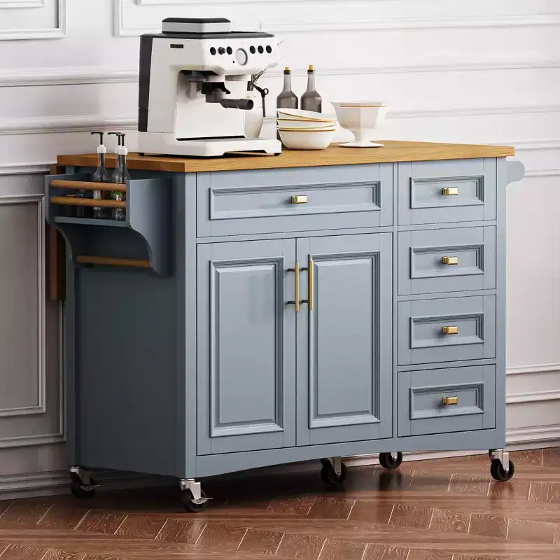 52'' Farmhouse Kitchen Island with Drop Leaf, Rolling Storage Cart with 2 Cabinets, 5 Drawers, Spice & Towel Racks, Adjustable Shelves