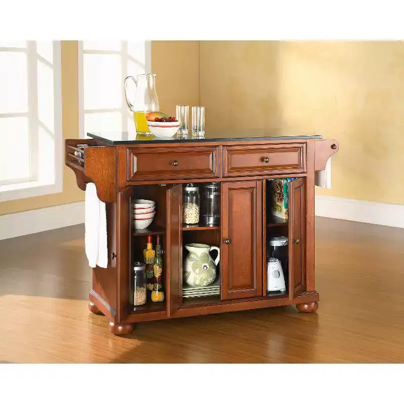 Black Granite Top Kitchen Island - Wood and Cherry: Hardwood Frame, Towel Bar, 6 Shelves, 2 Drawers