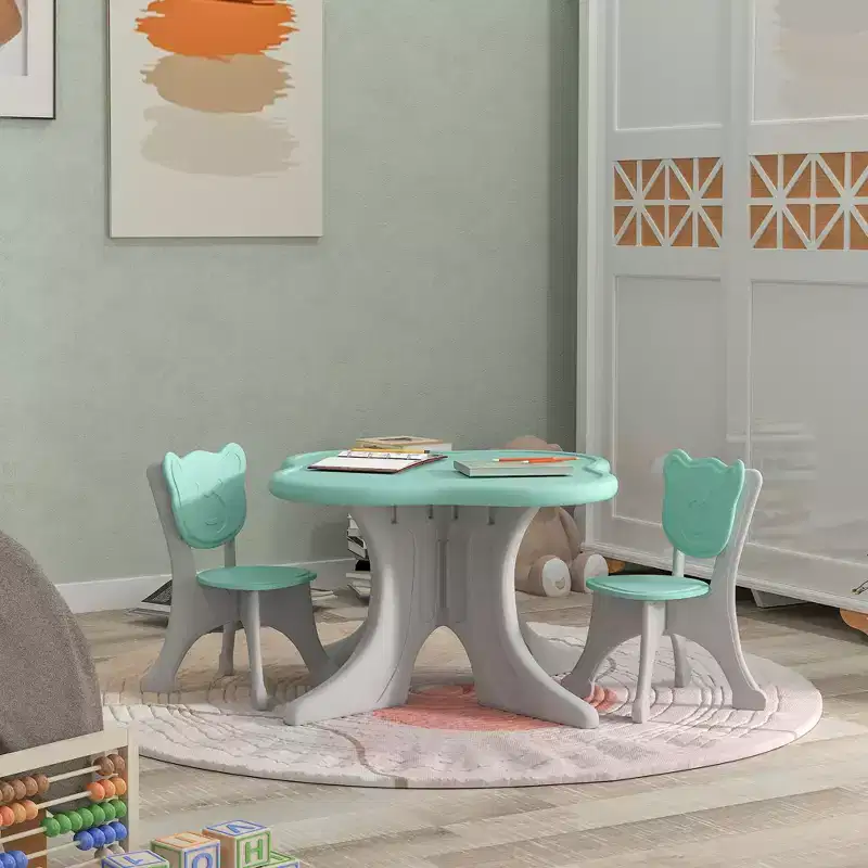 3-Piece Kids Table and Chair Set for Toddlers Ages 3-6, Light Blue, Bear-Shaped Backrest