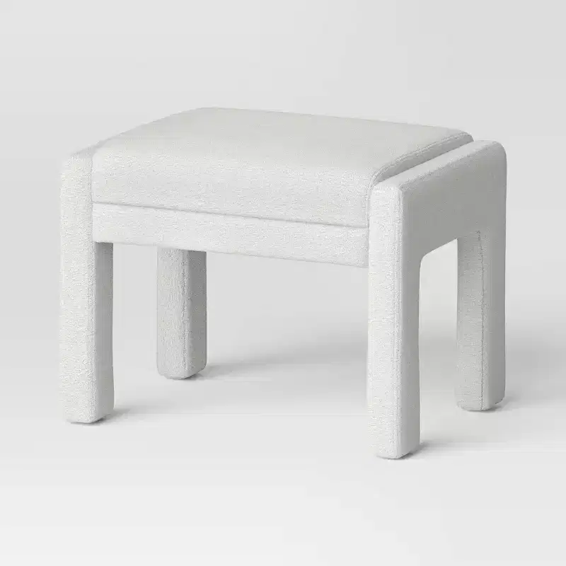 Cream Boucle Upholstered Ottoman with Wooden Frame