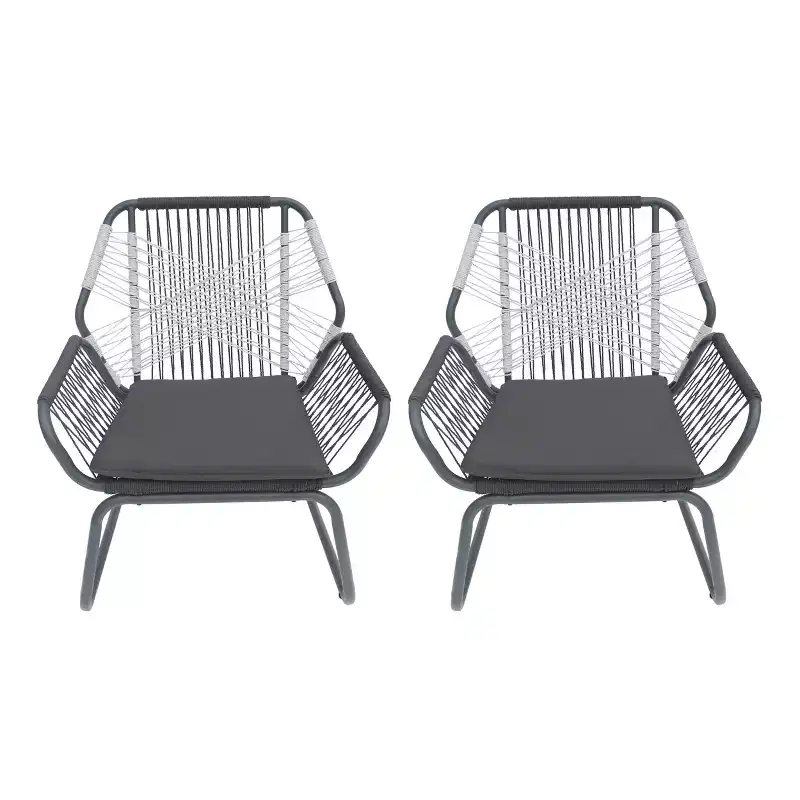 Christopher Knight Home Idaho Outdoor Rope and Steel Club Chairs with Cushion (Set of 2), Gray/White