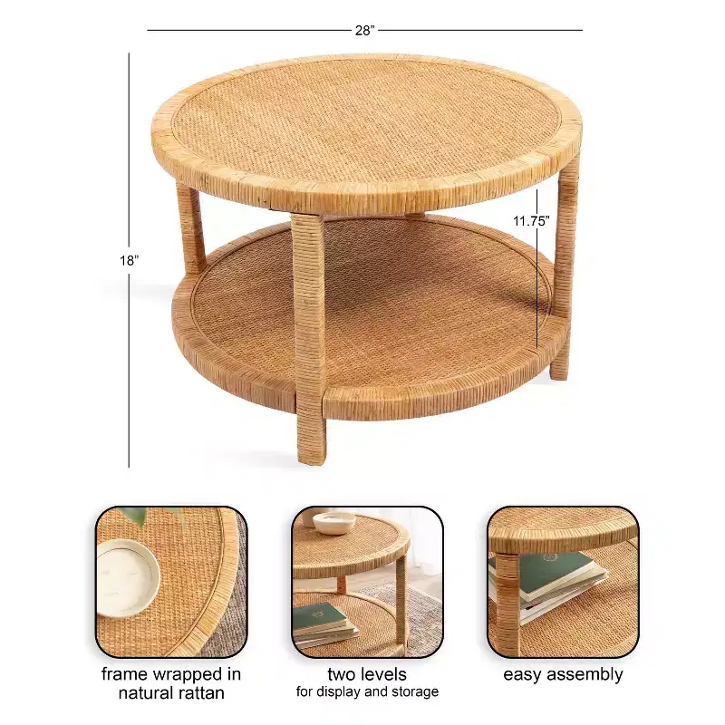 Kate and Laurel Rafina Rattan Round Coffee Table, 28x28x18, Natural
