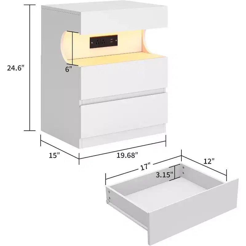 Smart LED Nightstand with App Control | 3 Drawers & U-Shape Shelf | USB/AC Charging Station | White Modern Bedside Table for Bedroom