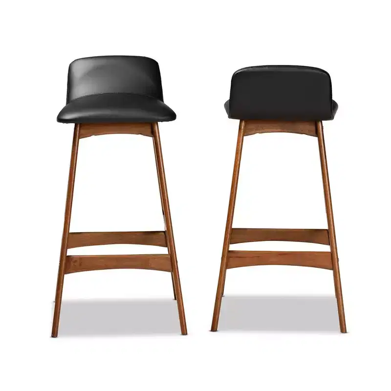 Baxton Studio 2pc Darrin Faux Leather and Wood Barstools Black/Walnut/Brown: Upholstered Oval Seat, 30" Fixed Height