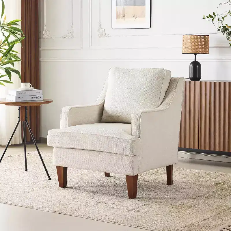 Mid-Century Modern Accent Chair, Light Brown Upholstered High Back Armchair