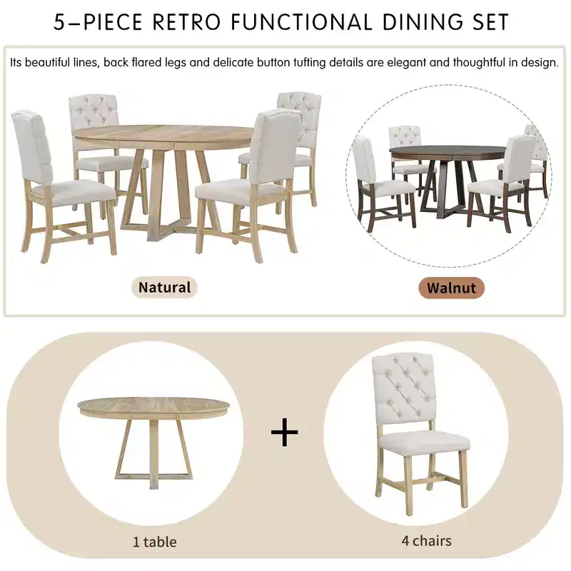 Whisen Retro Style 5-Piece Extendable Dining Set with 4-Botton Tufted Upholstered Chairs