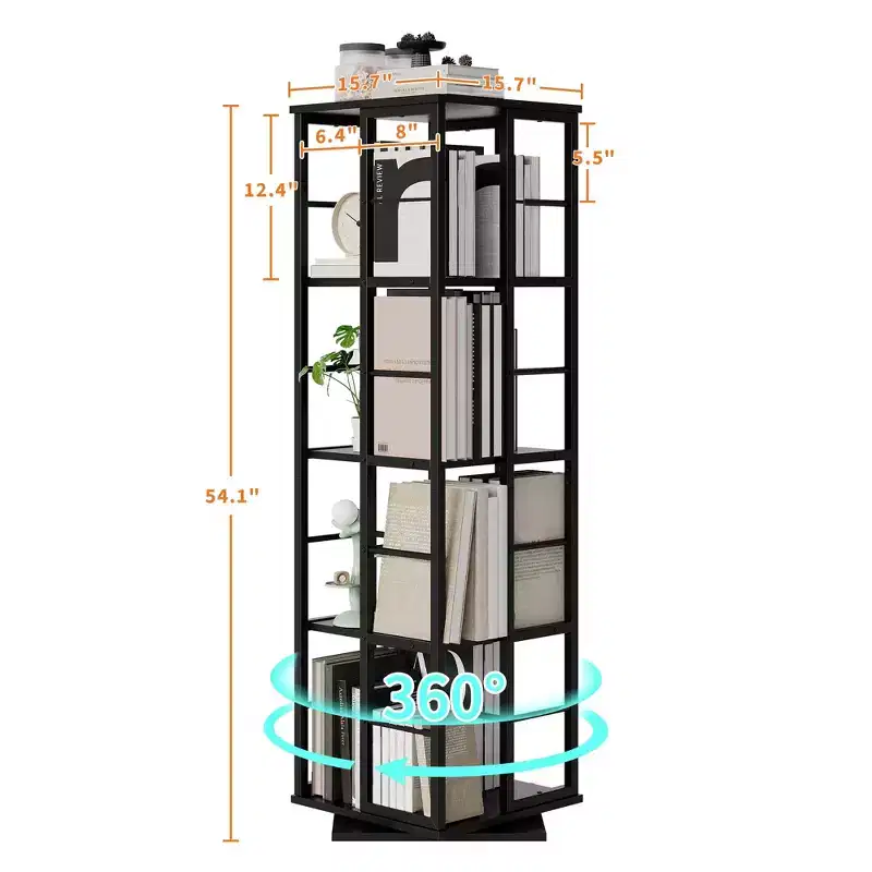 360Rotating Bookshelf, 54 inch Tall Metal Spinning Bookshelf Tower, Industrial Revolving Bookcase, Freestanding Book Shelf Organizer for Living Room