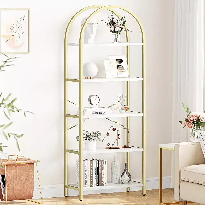 2 packs 5-Tier Arched Bookshelf with Metal Frame, Tall Standing Display Storage Rack for Bedroom Living Room Home Office, White & Gold