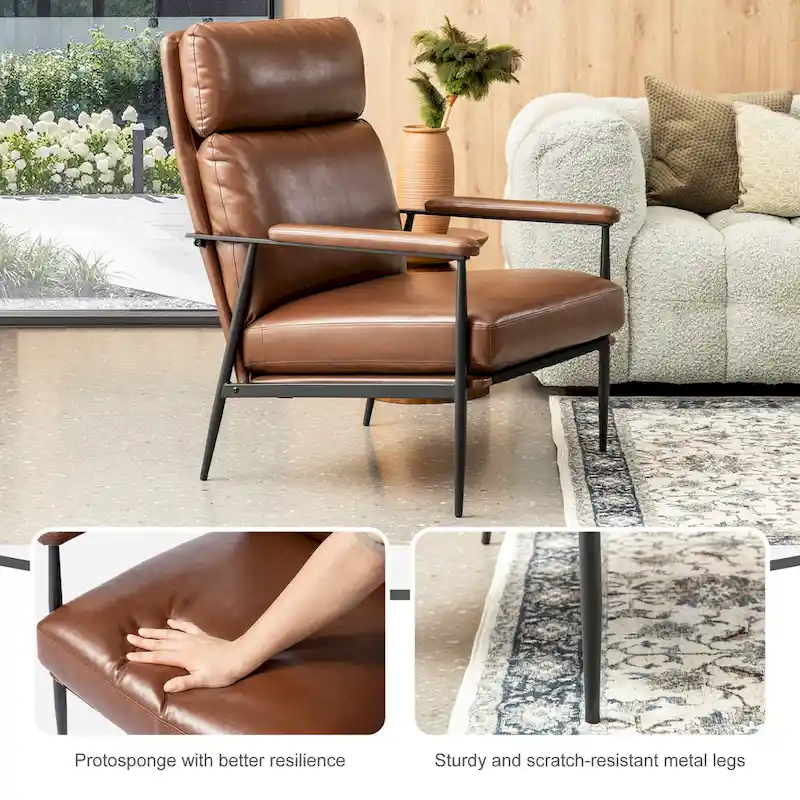 Glitzhome 33.75W Mid-Century Modern Leatherette Armchair With High Back and Padded Arms - 33.75 W x 39.5 H x 28 D