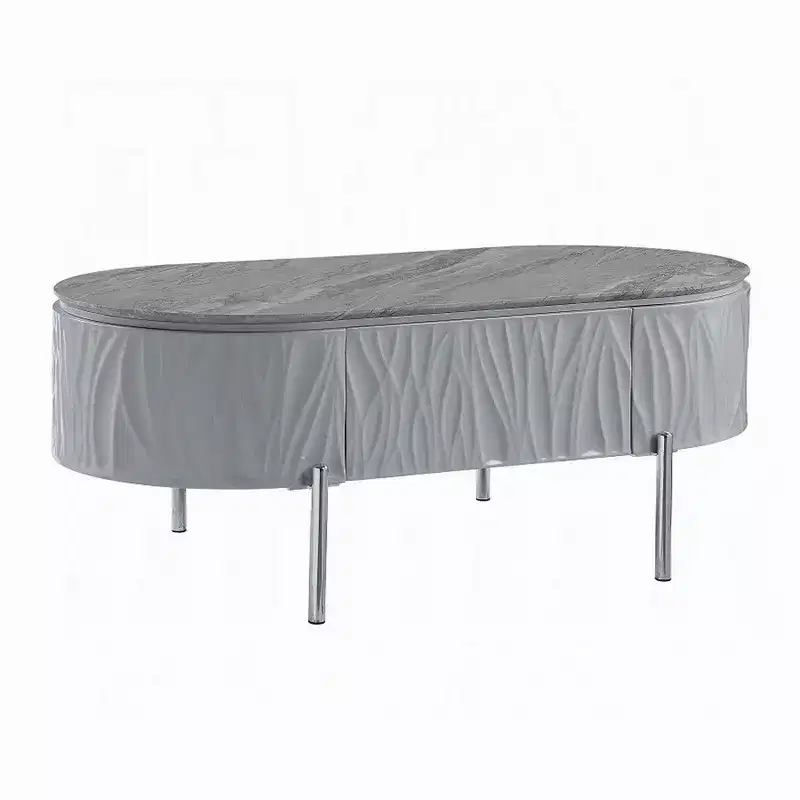 Coffee Table, Gray High Gloss, Chrome Metal, Gray Wood, 47 Inch