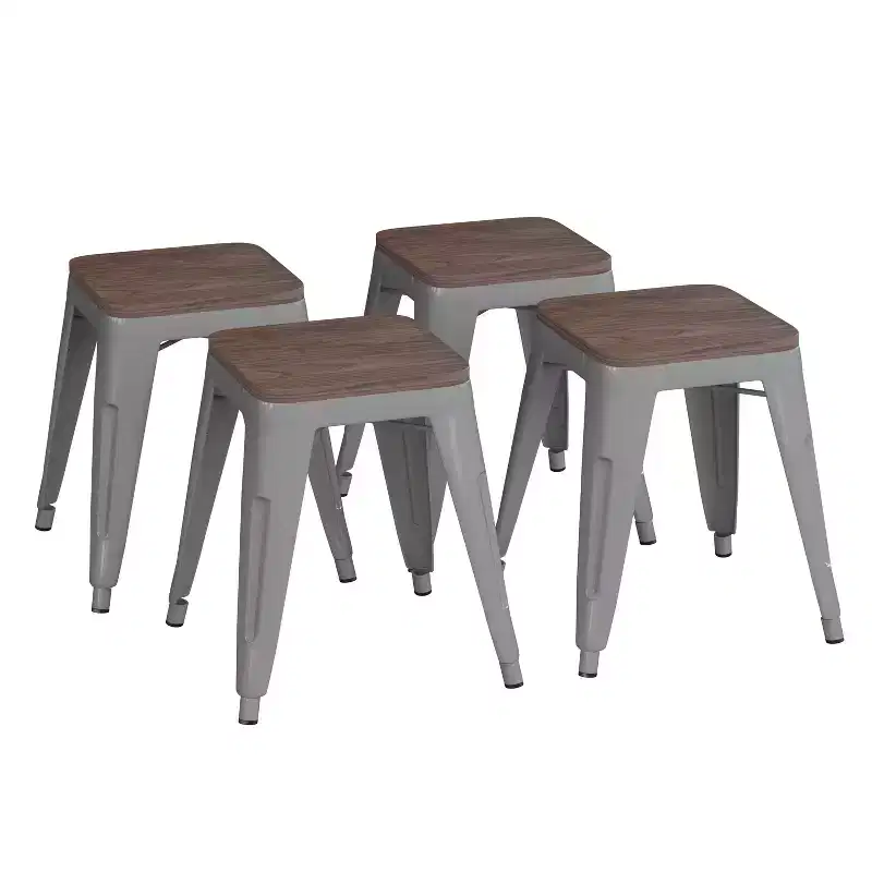 Flash Furniture 18 Backless Table Height Stool with Wooden Seat, Stackable Metal Indoor Dining Stool, Commercial Grade - Set of 4