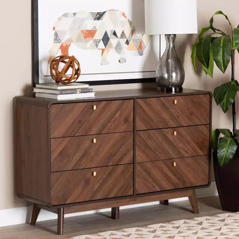 Wood 6 Drawer Dresser Walnut Brown/Gold: Mid-Century Storage, Metal Pulls
