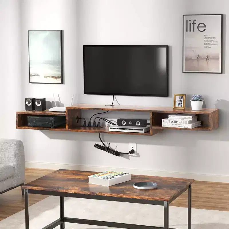 Floating TV Stand for TVs up to 60 Rustic Brown :Media Console Shelf with Power Outlet