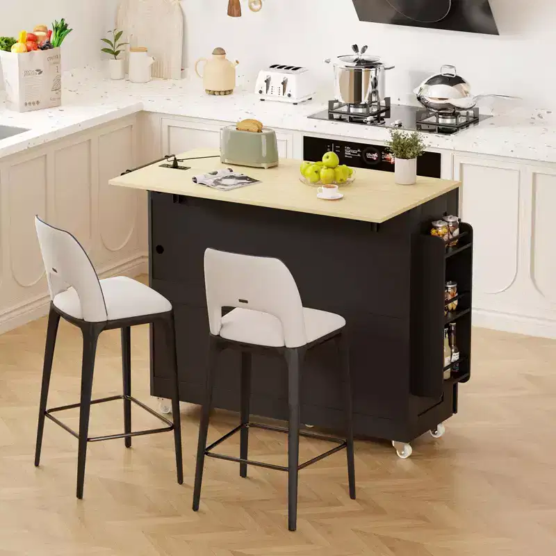 Mobile Kitchen Island with Power Outlet & Drop Leaf, Multi-Functional Rolling Cart with Storage, Spice Rack and Towel Bar