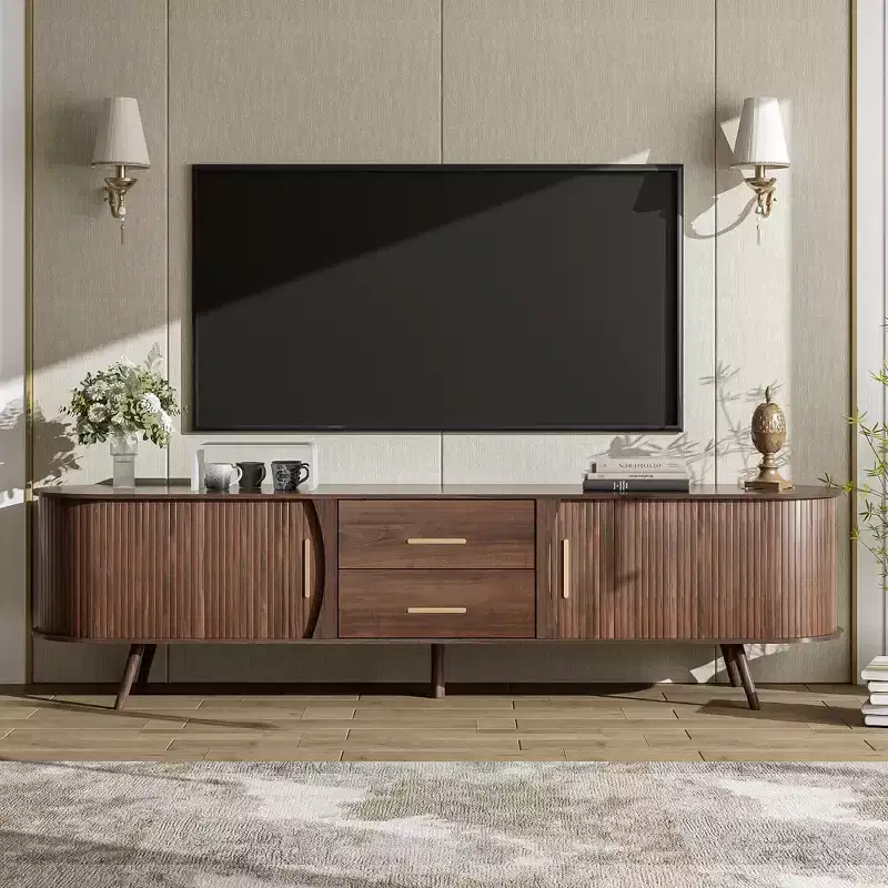 TV Stand for TVs up to 80, Mid-Century Modern TV Console Media Console Entertainment Center with Sliding Doors & 2 Drawers, Dark Brown - ModernLuxe