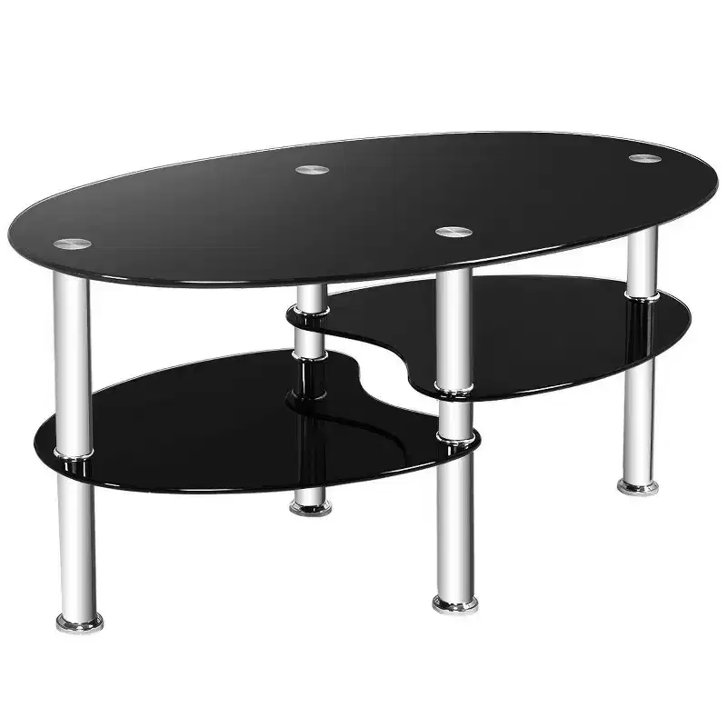 Tempered Glass Oval Coffee Table with 2 Bottom Shelves, Chrome Base, Living Room, Black
