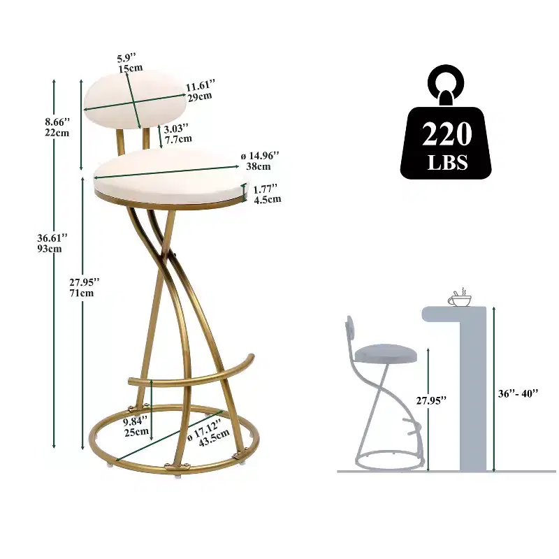 Homy Casa Set of 2 Velvet Bar Stools with Curved Gold Metal Frame and Footrest, 28 Seat Height, Cream White