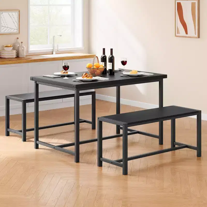 Space-Saving Dining Table Set for 4-6, Rectangular Metal & Wood Table with 2 Benches, Easy Assembly, for Apartments, Small Spaces