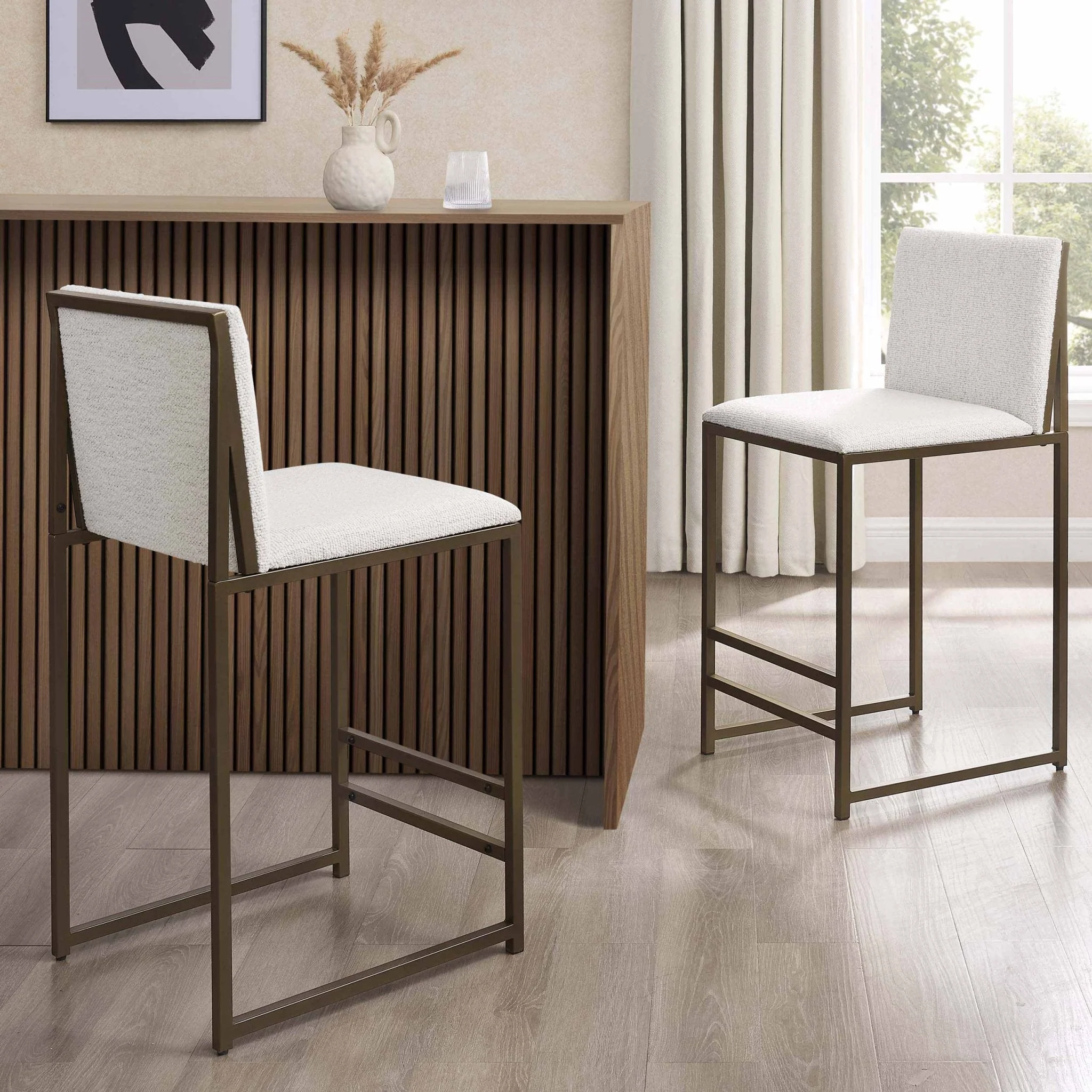 Modern Ivory Boucle Barstool with Bronze Metal Frame for Kitchen